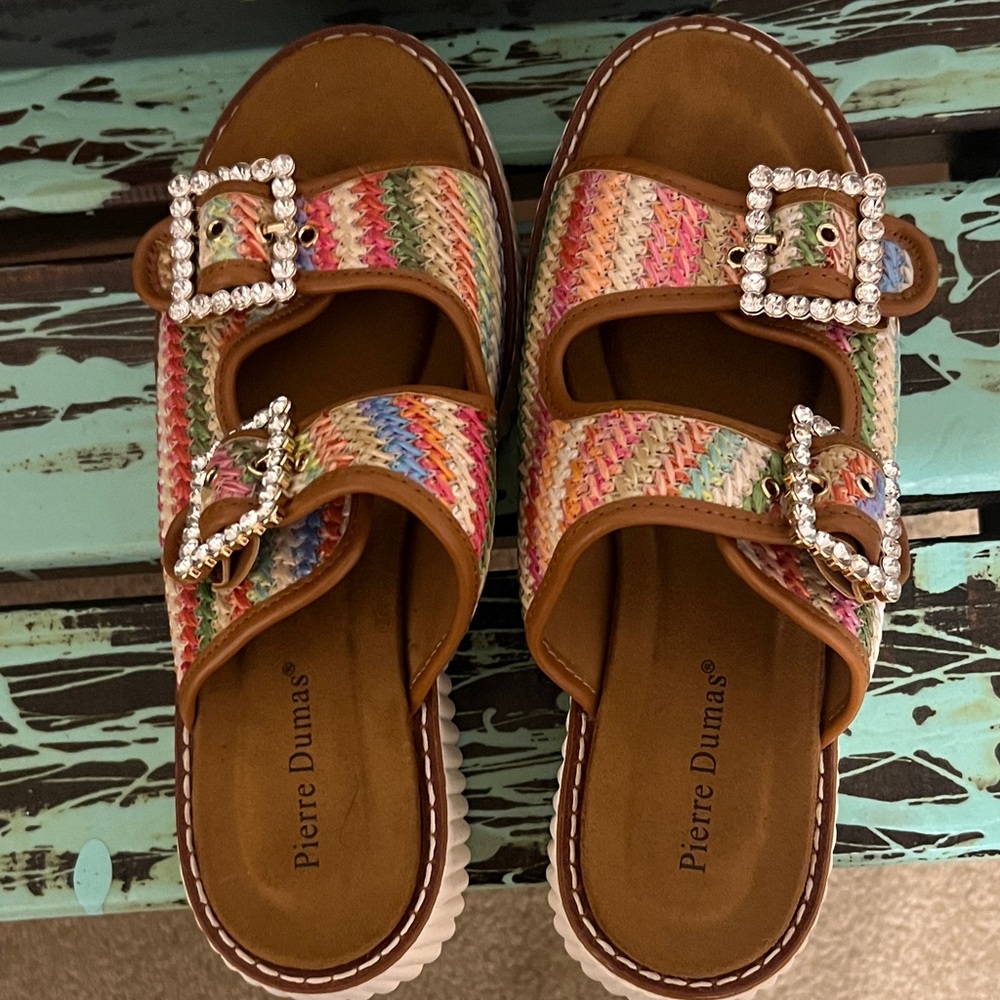 Pierre Dumas Multicolor Woven Slide Sandals with Rhinestone Buckles - Picture 5 of 6